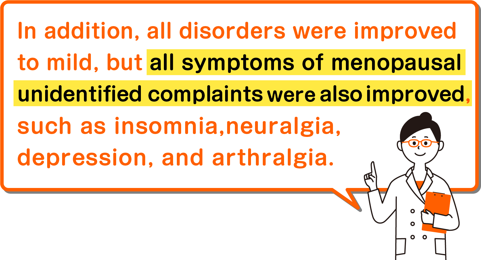 In addition, all disorders were improved to mild, but all symptoms of menopausal unidentified complaints were also improved, such as insomnia, neuralgia, depression, and arthralgia.