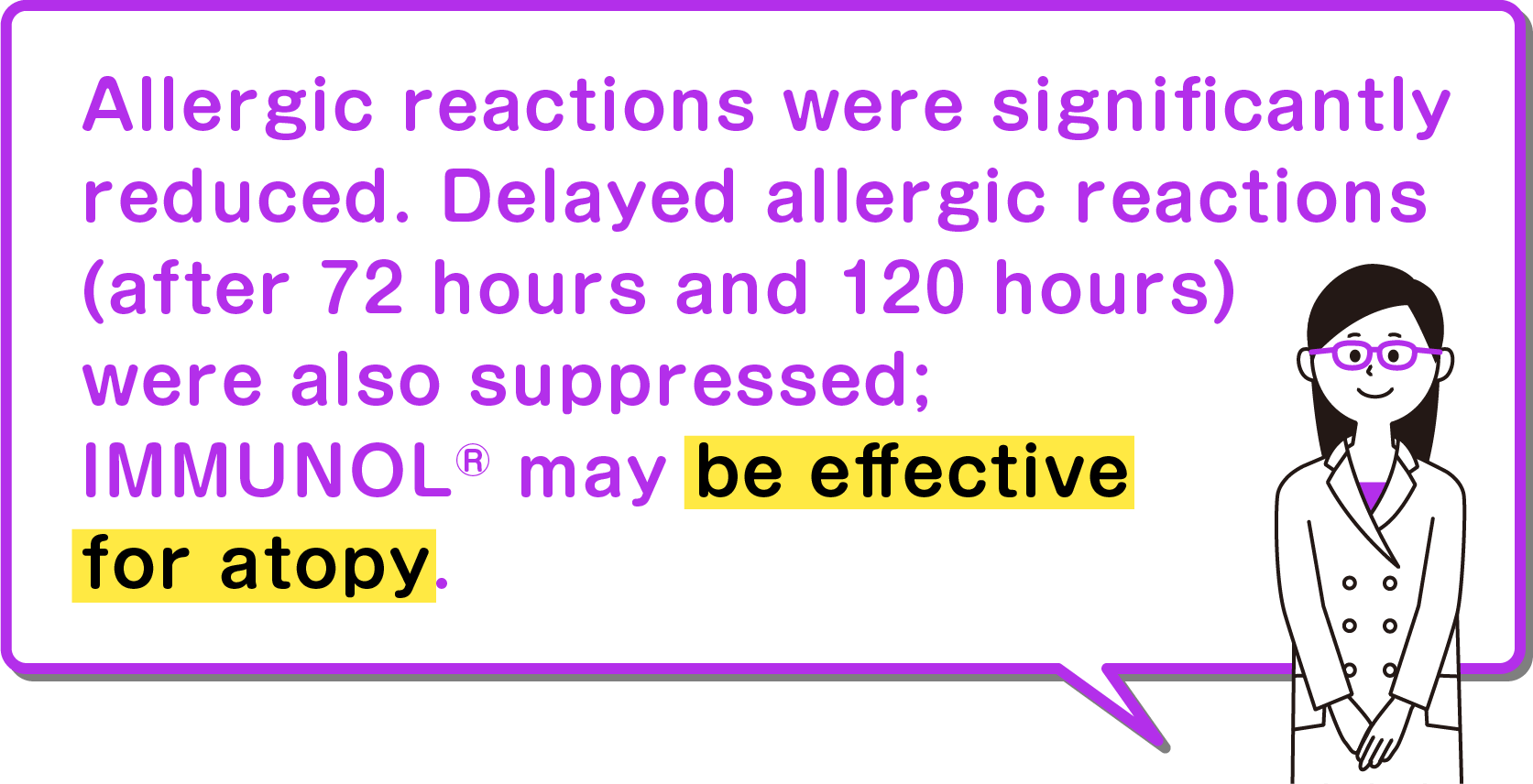 Allergic reactions were significantly reduced. Delayed allergic reactions (after 72 hours and 120 hours) were also suppressed; IMMUNOL® may be effective for atopy.