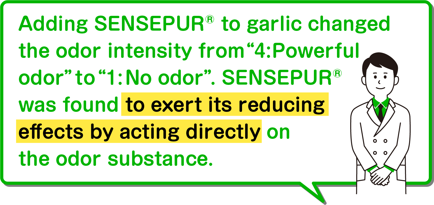 Adding SENSEPUR® to garlic changed the odor intensity from “4: Powerful odor” to “1: No odor”. SENSEPUR® was found to exert its reducing effects by acting directly on the odor substance.
