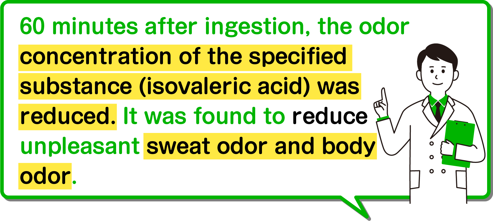 60 minutes after ingestion, the odor concentration of the specified substance (isovaleric acid) was reduced. It was found to reduce unpleasant sweat odor and body odor.