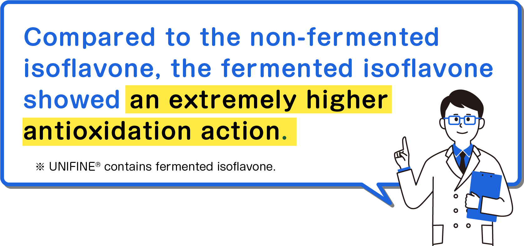 Compared to the non-fermented isoflavone, the fermented isoflavone showed an extremely higher antioxidation action.*UNIFINE® contains fermented isoflavone.